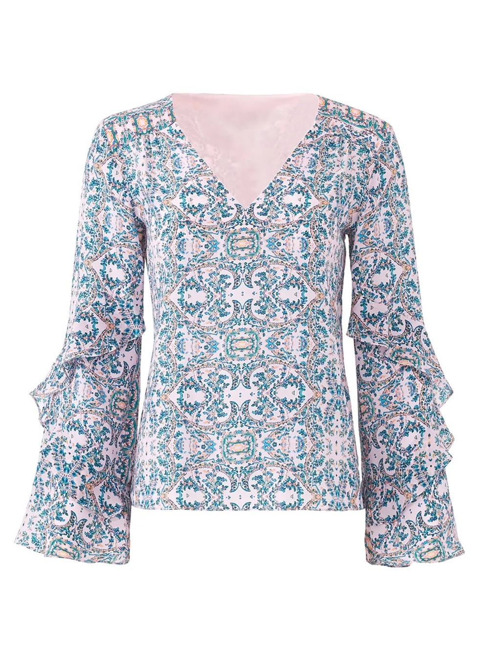 Nanette Lepore Pink Paisley V-Neck Ruffle Sleeve Blouse